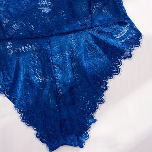 Royal Blue Lacey Deep V Halter Teddy - Picture 5 of 6